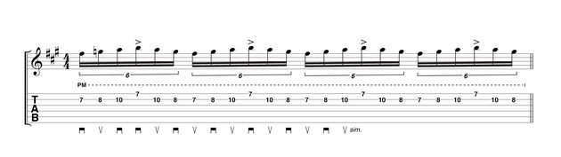 blank The exercise to beat all alternate picking exercises! Although this is fairly universal, Rodrigo creates smaller movements by picking the phrase slightly unusually. Notice how the phrase begins with a down-pick to start, and then reverts to starting with an up-pick on each beat.